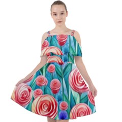 Brilliantly Hued Watercolor Flowers In A Botanical Cut Out Shoulders Chiffon Dress by GardenOfOphir