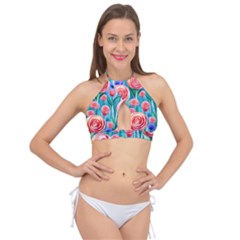 Brilliantly Hued Watercolor Flowers In A Botanical Cross Front Halter Bikini Top by GardenOfOphir