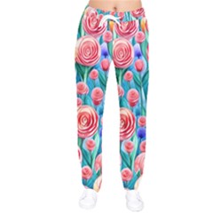 Brilliantly Hued Watercolor Flowers In A Botanical Women Velvet Drawstring Pants by GardenOfOphir