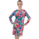 Brilliantly Hued Watercolor Flowers In A Botanical Long Sleeve Hoodie Dress View1