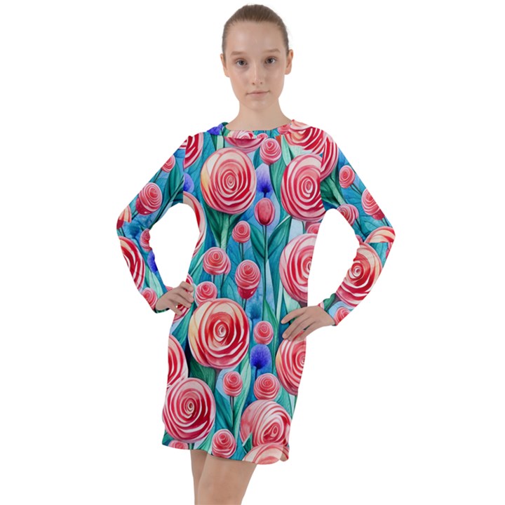 Brilliantly Hued Watercolor Flowers In A Botanical Long Sleeve Hoodie Dress