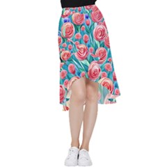 Brilliantly Hued Watercolor Flowers In A Botanical Frill Hi Low Chiffon Skirt by GardenOfOphir