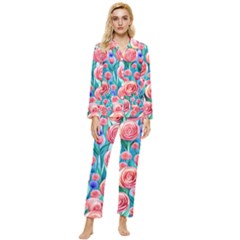 Brilliantly Hued Watercolor Flowers In A Botanical Womens  Long Sleeve Velvet Pocket Pajamas Set by GardenOfOphir