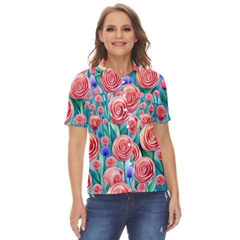 Brilliantly Hued Watercolor Flowers In A Botanical Women s Short Sleeve Double Pocket Shirt by GardenOfOphir