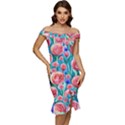 Brilliantly Hued Watercolor Flowers In A Botanical Off Shoulder Ruffle Split Hem Bodycon Dress View1