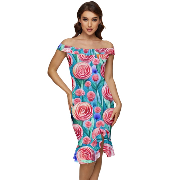 Brilliantly Hued Watercolor Flowers In A Botanical Off Shoulder Ruffle Split Hem Bodycon Dress