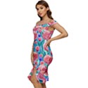 Brilliantly Hued Watercolor Flowers In A Botanical Off Shoulder Ruffle Split Hem Bodycon Dress View2