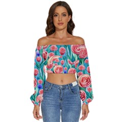 Brilliantly Hued Watercolor Flowers In A Botanical Long Sleeve Crinkled Weave Crop Top by GardenOfOphir