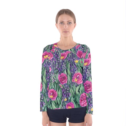 Dazzling Watercolor Flowers And Foliage Women s Long Sleeve Tee by GardenOfOphir