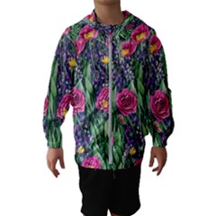 Dazzling Watercolor Flowers And Foliage Kids  Hooded Windbreaker by GardenOfOphir