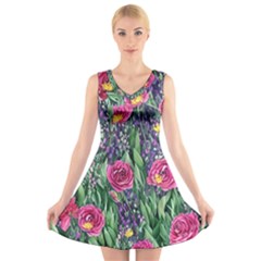 Dazzling Watercolor Flowers And Foliage V-neck Sleeveless Dress by GardenOfOphir