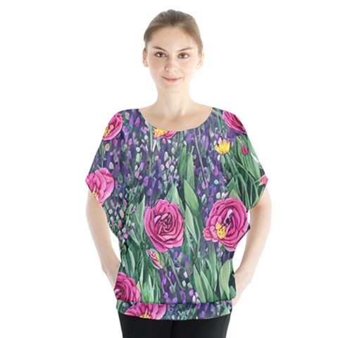 Dazzling Watercolor Flowers And Foliage Batwing Chiffon Blouse by GardenOfOphir