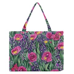 Dazzling Watercolor Flowers And Foliage Zipper Medium Tote Bag by GardenOfOphir