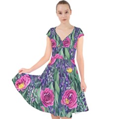 Dazzling Watercolor Flowers And Foliage Cap Sleeve Front Wrap Midi Dress by GardenOfOphir