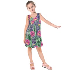 Dazzling Watercolor Flowers And Foliage Kids  Sleeveless Dress by GardenOfOphir