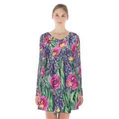 Dazzling Watercolor Flowers And Foliage Long Sleeve Velvet V-neck Dress