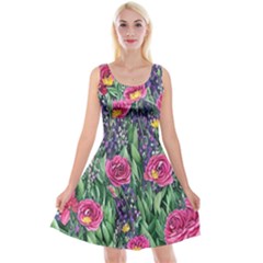 Dazzling Watercolor Flowers And Foliage Reversible Velvet Sleeveless Dress