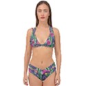 Dazzling Watercolor Flowers And Foliage Double Strap Halter Bikini Set View1