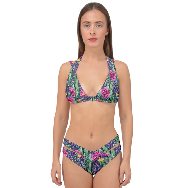 Dazzling Watercolor Flowers And Foliage Double Strap Halter Bikini Set