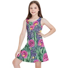 Dazzling Watercolor Flowers And Foliage Kids  Lightweight Sleeveless Dress by GardenOfOphir