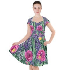 Dazzling Watercolor Flowers And Foliage Cap Sleeve Midi Dress by GardenOfOphir