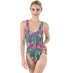 Dazzling Watercolor Flowers And Foliage High Leg Strappy Swimsuit by GardenOfOphir