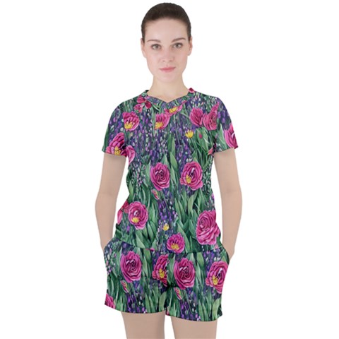 Dazzling Watercolor Flowers And Foliage Women s Tee And Shorts Set by GardenOfOphir