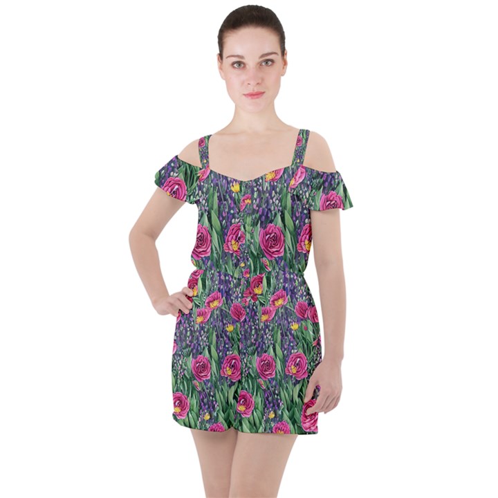 Dazzling Watercolor Flowers And Foliage Ruffle Cut Out Chiffon Playsuit