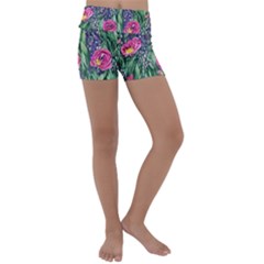 Dazzling Watercolor Flowers And Foliage Kids  Lightweight Velour Yoga Shorts by GardenOfOphir