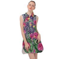 Dazzling Watercolor Flowers And Foliage Sleeveless Shirt Dress by GardenOfOphir