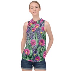 Dazzling Watercolor Flowers And Foliage High Neck Satin Top by GardenOfOphir