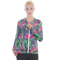 Dazzling Watercolor Flowers And Foliage Casual Zip Up Jacket by GardenOfOphir