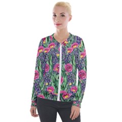 Dazzling Watercolor Flowers And Foliage Velvet Zip Up Jacket by GardenOfOphir