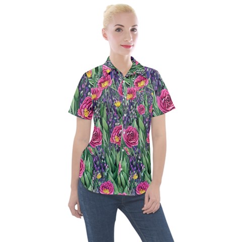 Dazzling Watercolor Flowers And Foliage Women s Short Sleeve Pocket Shirt by GardenOfOphir