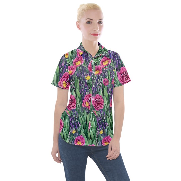 Dazzling Watercolor Flowers And Foliage Women s Short Sleeve Pocket Shirt