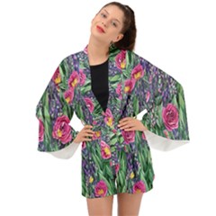 Dazzling Watercolor Flowers And Foliage Long Sleeve Kimono by GardenOfOphir