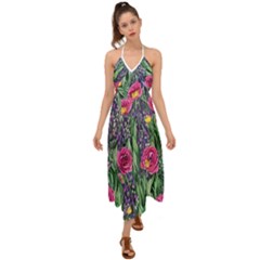 Dazzling Watercolor Flowers And Foliage Halter Tie Back Dress  by GardenOfOphir