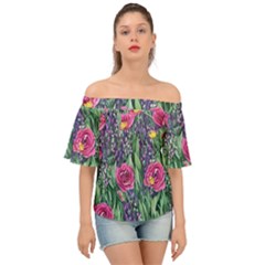 Dazzling Watercolor Flowers And Foliage Off Shoulder Short Sleeve Top