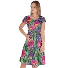 Dazzling Watercolor Flowers And Foliage Classic Short Sleeve Dress by GardenOfOphir