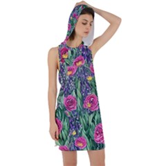 Dazzling Watercolor Flowers And Foliage Racer Back Hoodie Dress by GardenOfOphir