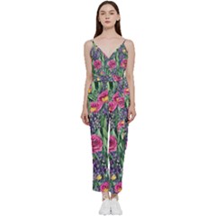 Dazzling Watercolor Flowers And Foliage V-neck Spaghetti Strap Tie Front Jumpsuit by GardenOfOphir