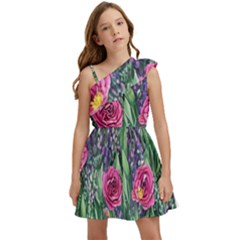 Dazzling Watercolor Flowers And Foliage Kids  One Shoulder Party Dress by GardenOfOphir