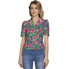 Dazzling Watercolor Flowers And Foliage Puffed Short Sleeve Button Up Jacket