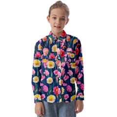 Botanical Flowers Pattern Kids  Long Sleeve Shirt by GardenOfOphir