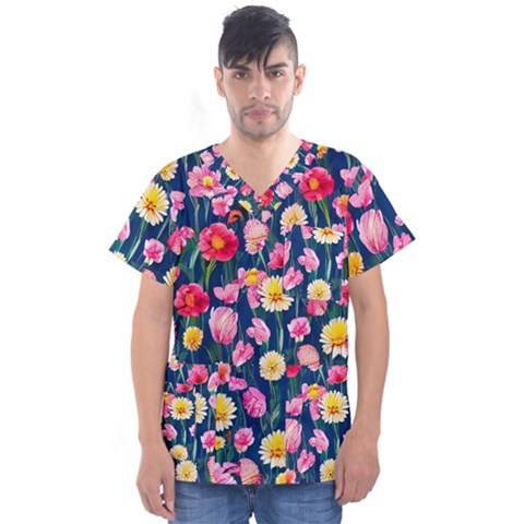 Botanical Flowers Pattern Men s V-neck Scrub Top by GardenOfOphir