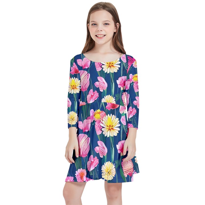 Botanical Flowers Pattern Kids  Quarter Sleeve Skater Dress