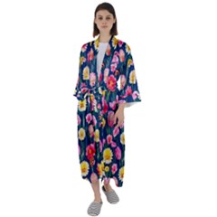 Botanical Flowers Pattern Maxi Satin Kimono by GardenOfOphir