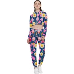 Botanical Flowers Pattern Cropped Zip Up Lounge Set by GardenOfOphir