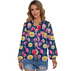 Botanical Flowers Pattern Women s Long Sleeve Button Down Shirt