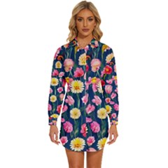 Botanical Flowers Pattern Womens Long Sleeve Shirt Dress